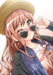  1girl bang_dream! brown_hair curly_hair diesel-turbo earrings eyebrows_visible_through_hair flower_earrings gradient gradient_background green_eyes hat highres imai_lisa jewelry long_hair long_sleeves looking_at_viewer one_eye_closed print_shirt shirt smile solo sunglasses upper_body 