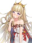  1girl absurdres bangs bare_shoulders blonde_hair blush breasts cagliostro_(granblue_fantasy) collarbone dress finger_to_chin granblue_fantasy highres long_hair looking_at_viewer nezuko off-shoulder_dress off_shoulder parted_lips simple_background small_breasts tiara very_long_hair violet_eyes white_dress 