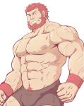  1boy 444151390 abs bara beard body_hair bulge chest facial_hair fate/grand_order fate/zero fate_(series) highres iskandar_(fate) looking_at_viewer male_focus male_underwear manly muscle nipples pectorals red_eyes redhead scar shirtless smile solo underwear underwear_only upper_body white_background 