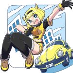  1girl blonde_hair blue_eyes boots breasts bumblebee bumblebee_(film) car eyebrows_visible_through_hair freckles genderswap genderswap_(mtf) gloves ground_vehicle highres medium_breasts midriff motor_vehicle open_hand open_mouth personification short_shorts shorts solo sunafuki_tabito thigh-highs transformers volkswagen volkswagen_beetle 