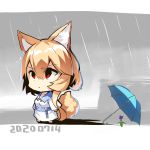  1girl animal_ear_fluff animal_ears bangs barefoot blue_umbrella chibi closed_mouth clouds cloudy_sky collarbone commentary_request dated day dress eyebrows_visible_through_hair flower fox_ears fox_girl fox_tail hair_between_eyes highres light_brown_hair long_sleeves looking_away original outdoors purple_flower rain red_eyes sky solo tail tail_raised umbrella v-shaped_eyebrows white_dress yuuji_(yukimimi) 