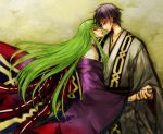  1boy 1girl alternate_costume black_hair c.c. c_(rahit) code_geass couple eye_contact floating_hair from_side green_eyes green_hair grey_kimono holding_hands japanese_clothes kimono lelouch_lamperouge long_hair looking_at_another obi profile purple_kimono sash very_long_hair violet_eyes 