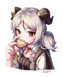  1girl 2020 absurdres arknights artist_name black_choker choker commentary_request cropped_torso food food_request hand_up highres holding holding_food horns ifrit_(arknights) looking_at_viewer nyungsep red_eyes short_hair silver_hair simple_background upper_body white_background 