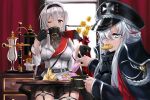  2girls ahoge alt3r azur_lane black_gloves black_skirt blue_eyes breasts coffee coffee_cup coffee_maker_(object) cookie cup disposable_cup eating english_commentary flower food garter_straps gloves grey_hair hair_over_one_eye hairband hat highres indoors iron_cross looking_at_viewer mainz_(azur_lane) medium_breasts military_hat multicolored_hair multiple_girls odin_(azur_lane) one_eye_closed pastry peaked_cap plant pleated_skirt potted_plant red_curtains redhead silver_hair sitting skirt streaked_hair sweets table window 