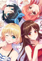  4girls absurdres bangs bare_shoulders bed_sheet black_hair blonde_hair blue_eyes blue_ribbon blush braid brown_hair brown_sweater cellphone closed_mouth collarbone commentary_request dress eyebrows_visible_through_hair hair_between_eyes hair_ribbon highres holding holding_phone holmemee kanojo_okarishimasu long_hair lying mizuhara_chizuru multiple_girls nanami_mami on_back one_eye_closed orange_hair parted_bangs parted_lips petals phone polka_dot_ribbon red_dress red_eyes red_lips ribbed_sweater ribbon sakurasawa_sumi sarashina_ruka short_hair sleeveless sleeveless_dress striped sweater turtleneck turtleneck_sweater upper_teeth 