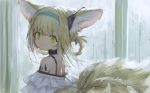  1girl animal_ears arknights blonde_hair fox_ears fox_tail from_behind green_eyes hair_rings hairband highres looking_at_viewer looking_back ore_lesion_(arknights) parted_lips sho_(sho_lwlw) solo suzuran_(arknights) tail upper_body 