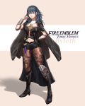  1girl arm_behind_back azto_dio bangs black_footwear blue_eyes boots bracer breasts byleth_(fire_emblem) byleth_eisner_(female) character_name closed_mouth copyright_name dagger elbow_pads eyelashes fire_emblem fire_emblem:_three_houses full_body green_hair hand_up high_heel_boots high_heels highres long_hair looking_at_viewer navel pantyhose sheath shiny shiny_hair sidelocks solo standing weapon 