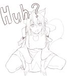  1girl animal_ears breasts fang full_body geta greyscale hat highres huh?_cat_(meme) inubashiri_momiji kanaria_(bocmn) large_breasts looking_at_viewer meme monochrome open_mouth pom_pom_(clothes) skin_fang solo squatting tail tokin_hat touhou wolf_ears wolf_girl wolf_tail 