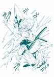  1girl black_ribbon commentary_request daitai_konna_kanji full_body greyscale hair_ribbon hands_up holding holding_sword holding_weapon jumping katana konpaku_youmu monochrome ribbon shirt short_hair short_sleeves skirt solo sword touhou two-handed weapon white_background 