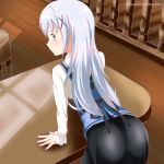  1girl bangs bent_over black_ribbon black_skirt blue_eyes blue_vest blush gochuumon_wa_usagi_desu_ka? hair_between_eyes hair_ornament indoors kafuu_chino long_hair long_sleeves looking_at_viewer looking_back parted_lips profile rabbit_house_uniform ribbon shiny shiny_hair shirt silver_hair skirt solo standing tsuchinokokyumu twitter_username very_long_hair vest watermark white_shirt wooden_floor x_hair_ornament 