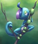  branch closed_mouth commentary_request drizzile full_body gen_8_pokemon green_background holding looking_at_viewer mijinko_(barabadge) no_humans pokemon pokemon_(creature) smile solo starter_pokemon tail tail_wrap 