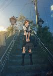  1girl bag black_legwear blew_andwhite blue_sky brown_footwear brown_hair brown_sailor_collar brown_skirt clouds day disconnected_mouth from_below hair_ribbon highres kantai_collection kneehighs lamppost loafers looking_at_viewer outdoors photo_background pole ponytail power_lines ribbon sailor_collar school_bag school_uniform serafuku shikinami_(kantai_collection) shoes short_ponytail skirt sky smile solo stairs 