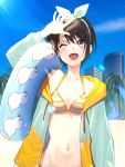  1girl :d bangs bare_shoulders beach bikini black_hair blue_eyes blue_sky blurry blurry_background blush breasts building collarbone commentary_request day eyebrows_visible_through_hair hairband highres holding holding_innertube hololive innertube long_sleeves mikan_(chipstar182) navel one_eye_closed oozora_subaru open_mouth orange_bikini outdoors short_hair sky small_breasts smile solo striped striped_bikini swimsuit upper_body virtual_youtuber white_bikini white_hairband 