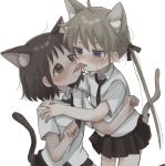  2girls animal_ears blonde_hair blue_eyes blush brown_eyes brown_hair cat_ears cat_tail hair_ribbon highres hozonsui kill_me_baby long_hair multiple_girls necktie open_mouth oribe_yasuna ribbon school_uniform short_hair simple_background skirt sonya_(kill_me_baby) sweat tail tongue tongue_out twintails yuri 