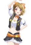  1girl :d arm_up bangs black_vest blush bow brown_bow brown_hair collarbone commentary_request crop_top eyebrows_visible_through_hair hair_between_eyes hair_bow hand_on_hip highres koizumi_hanayo looking_at_viewer love_live! love_live!_school_idol_project midriff navel open_mouth parted_bangs pleated_skirt puffy_short_sleeves puffy_sleeves red_eyes shirt short_sleeves sin_(sin52y) skirt smile solo vest white_shirt white_skirt 