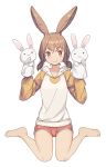  1girl animal_ears bare_legs barefoot brown_hair commentary eyebrows_visible_through_hair full_body hand_puppet hands_up hood hood_down hoodie long_sleeves looking_at_viewer low_twintails medium_hair original puppet rabbit_ears red_shorts saiste short_shorts shorts simple_background sitting smile solo symbol_commentary twintails wariza white_background 