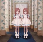 2girls apron black_footwear blue_dress brown_eyes brown_hair child dress expressionless floral_print grady_sisters_(the_shining) hallway holding_hands idolmaster idolmaster_shiny_colors kisumipri long_hair mary_janes multiple_girls oosaki_amana oosaki_tenka parody shoes short_dress siblings sisters socks the_shining twins white_apron white_footwear