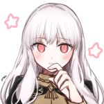  1girl 504723f bangs closed_mouth eyebrows_visible_through_hair fire_emblem fire_emblem:_three_houses highres long_hair looking_at_viewer lysithea_von_ordelia portrait red_eyes silver_hair simple_background sketch solo twitter_username white_background 