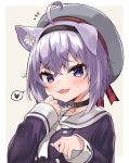  1girl absurdres ahoge animal_ear_fluff animal_ears bangs beige_background beret black_collar black_hairband blush cat_ears collar collarbone commentary_request eyebrows_visible_through_hair hair_between_eyes hairband hat heart highres hololive long_sleeves looking_at_viewer narita_tamezou nekomata_okayu parted_lips purple_hair purple_shirt sailor_collar shirt sleeves_past_wrists smile solo spoken_heart two-tone_background upper_body violet_eyes virtual_youtuber white_background white_headwear white_neckwear white_sailor_collar 
