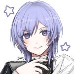  1boy 504723f androgynous bangs blue_eyes blue_hair eyebrows_visible_through_hair fire_emblem fire_emblem:_three_houses grin hair_between_eyes highres looking_at_viewer male_focus portrait shiny shiny_hair short_hair signature simple_background smile solo star_(symbol) white_background yuri_(fire_emblem) 