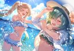  2girls arms_up bangs bikini blonde_hair blush choker closed_eyes clouds collarbone commentary_request doushite eyebrows_visible_through_hair flower frilled_bikini frills granblue_fantasy green_hair hair_over_one_eye hat hat_flower highres io_euclase kolulu_(granblue_fantasy) long_hair multicolored_hair multiple_girls navel open_mouth outstretched_arms smile sparkle standing sunlight swimsuit tan teeth tongue twintails wading water 