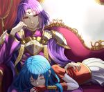  1boy 1girl blue_hair cape closed_eyes couple dress eirika_(fire_emblem) elbow_gloves fingerless_gloves fire_emblem fire_emblem:_the_sacred_stones gloves head_tilt headdress highres lap_pillow long_hair looking_at_viewer lying lyon_(fire_emblem) miniskirt on_stomach parted_lips pleated_skirt purple_cape purple_dress purple_hair red_eyes red_gloves red_shirt shiny shiny_hair shirt short_hair short_sleeves shoulder_armor sitting skirt sleeping smile spaulders white_skirt youzu 