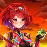  1girl animal arichan bangs blush breasts highres holding holding_animal pyra_(xenoblade) jewelry orange_sky red_eyes redhead short_hair sky smile swept_bangs tiara turters_(xenoblade) turtle upper_body watermark xenoblade_(series) xenoblade_2 