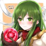  1girl 504723f bangs blush brown_gloves closed_mouth eyebrows_visible_through_hair fire_emblem fire_emblem:_mystery_of_the_emblem gloves green_eyes green_hair hair_between_eyes headband holding palla_(fire_emblem) ponytail shiny shiny_hair smile solo white_headband 