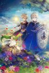  1girl 2boys bishounen black_legwear blonde_hair blue_eyes blue_flower blue_sky blush closed_mouth clouds cloudy_sky cover dress fairy fantasy fingernails flower fur_trim grass green_eyes green_hair grey_eyes hair_between_eyes hihara_you holding holding_weapon light_rays long_hair male_focus mountain multiple_boys official_art open_mouth original outdoors petals purple_flower red_flower rock shield sitting sky smile sparkle standing sun thigh-highs tree weapon white_dress white_flower white_footwear yellow_flower 