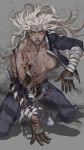  1girl bandages blood blood_on_face breasts cross dorohedoro earrings farawaygalaxy1 gloves grey_background highres jacket jewelry large_breasts long_hair no_nipples noi_(dorohedoro) open_clothes open_jacket red_eyes simple_background solo torn_clothes white_hair 