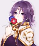  1boy 504723f ahoge androgynous bangs blue_flower cape circlet closed_mouth eyebrows_visible_through_hair eyes_visible_through_hair fire_emblem fire_emblem:_the_sacred_stones flower grey_background hair_between_eyes hair_tubes highres holding holding_flower long_hair long_sleeves looking_at_viewer lyon_(fire_emblem) purple_cape purple_hair red_flower shiny shiny_hair signature simple_background solo violet_eyes 