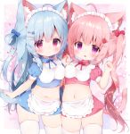  2girls ahoge animal_ear_fluff animal_ears apron arm_up asymmetrical_docking blue_hair blue_shirt blue_skirt blush breast_press breasts cat_ears cat_tail clenched_hand crop_top fang food_themed_hair_ornament hair_ornament hairclip heart highres holding_hands koma_momozu long_hair maid maid_headdress midriff miniskirt multiple_girls navel open_mouth oppai_loli original pink_background pink_eyes pink_hair pink_shirt pink_skirt red_eyes ribbon shirt simple_background skirt smile tail thigh-highs thighs twintails two_side_up waist_apron white_apron white_legwear white_shirt zettai_ryouiki 