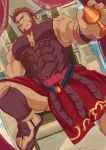  1boy absurdres armor bara beard bracer chest cleavage_cutout curtains facial_hair fate/grand_order fate/zero fate_(series) greek_clothes h_masahiro highres holy_grail_(fate) iskandar_(fate) leather looking_at_viewer male_focus manly muscle pectorals red_eyes redhead sandals solo thighs throne upper_body veins 