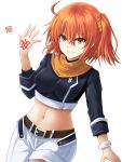  1girl ahoge bangs belt black_shirt breasts command_spell cowboy_shot crop_top fate/grand_order fate_(series) fujimaru_ritsuka_(female) grin hand_tattoo hand_up haura_akitoshi long_sleeves looking_at_viewer medium_breasts midriff navel one_side_up orange_eyes orange_hair shirt short_hair short_shorts shorts simple_background smile solo stomach white_background white_shorts wrist_cuffs 