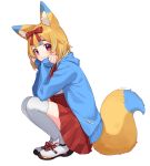  1girl absurdres animal_ears bangs blonde_hair blue_hair blue_jacket blush bow closed_mouth commentary_request copyright_request fox_ears fox_girl fox_tail full_body hair_bow hands_on_own_cheeks hands_on_own_face highres jacket long_sleeves medium_skirt multicolored_hair open_clothes open_jacket red_bow red_eyes red_skirt sakura_chiyo_(konachi000) short_hair signature simple_background skirt sleeves_past_wrists smile solo squatting tail thigh-highs two-tone_hair virtual_youtuber white_background white_footwear white_legwear yamano_kayo 