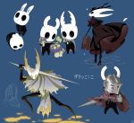  1girl alternate_costume arizuka_(catacombe) armor cloak commentary cracked_mask dark_souls dark_souls_iii dress eating full_body glowing grey_cloak helmet high_heels highres holding hollow_eyes hollow_knight hollow_knight_(character) hornet_(hollow_knight) horns knight knight_(hollow_knight) looking_at_viewer mask multiple_others mushroom no_humans rabbit red_cloak shield simple_background souls_(from_software) standing suitcase sword weapon 