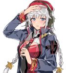  1girl aogisa bangs beret blue_eyes blush braid breasts girls_frontline hat highres low_twintails medium_breasts necktie ots-14_(girls_frontline) sidelocks silver_hair solo twintails 