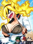  1girl 3boys bakugou_katsuki black_bra blonde_hair blush bodysuit boku_no_hero_academia bra breasts burn_scar burnin_(boku_no_hero_academia) domino_mask fiery_hair green_bodysuit green_hair grin hair_between_eyes highres lace lace-trimmed_bra large_breasts long_sleeves looking_at_viewer mask midoriya_izuku multicolored_hair multiple_boys open_clothes open_mouth open_shirt poco_(pocopocomeron) red_eyes redhead scar shirt smile spiky_hair teeth todoroki_shouto two-tone_hair underwear white_hair white_shirt yellow_eyes 