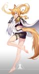  1girl absurdres animal_ear_fluff animal_ears arknights ass bangs bare_legs barefoot black_shirt black_shorts blonde_hair cape commentary_request crop_top floating_hair gradient gradient_background grey_background highres long_hair long_sleeves looking_at_viewer midriff mr.shizi nearl_(arknights) nearl_the_radiant_knight_(arknights) partial_commentary rhodes_island_logo shirt short_shorts shorts solo tail thighs vambraces white_background white_cape wide_sleeves yellow_eyes 