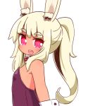  1girl :d animal_ear_fluff animal_ears bangs bare_shoulders blonde_hair blush collar commentary_request eyebrows_visible_through_hair heart heart-shaped_pupils highres leotard long_hair looking_at_viewer looking_to_the_side masurao_(sekaiju) naga_u open_mouth pink_eyes ponytail purple_leotard rabbit_ears red_collar sekaiju_no_meikyuu sekaiju_no_meikyuu_5 sidelocks simple_background smile solo strapless strapless_leotard symbol-shaped_pupils tan thick_eyebrows upper_teeth white_background wrist_cuffs 