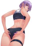  1girl arms_behind_back ass back black_buruma buruma closed_mouth commentary commentary_typo cowboy_shot crop_top eyebrows_visible_through_hair fate/grand_order fate_(series) from_behind from_below hair_between_eyes lips looking_at_viewer maki_tatsuki mash_kyrielight purple_hair short_hair simple_background sleeveless solo sweat sweatdrop tan tanline thigh_strap thighs track_uniform violet_eyes white_background 
