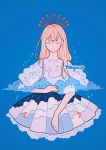  1girl artist_name bangs blonde_hair blue_background closed_eyes cloud_print clouds crescent_moon cropped_torso expressionless long_hair meyoco moon no_nose original rabbit simple_background solo sparkle 