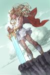  1girl blonde_hair blue_eyes cape cliff clouds farawaygalaxy1 full_body hair_blowing headwear highres holding holding_sword holding_weapon long_hair muscle muscular_female red_cape she-ra she-ra_and_the_princesses_of_power shorts shorts_under_skirt sky solo sword weapon 