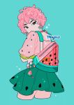  1girl aqua_background artist_name backpack bag bangs belt black_eyes covered_mouth cropped_legs earrings food fruit green_skirt jewelry looking_at_viewer meyoco midriff necklace original pink_hair pink_shirt shirt short_hair short_sleeves simple_background skirt solo sparkle transparent watermelon 