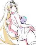  1girl ass bangs blonde_hair blush breasts cowboy_shot dutch_angle earrings from_behind highres mythra_(xenoblade) jewelry large_breasts long_hair looking_back mokki one-piece_swimsuit simple_background sketch solo swept_bangs swimsuit thigh_strap tiara very_long_hair white_background white_swimsuit xenoblade_(series) xenoblade_2 yellow_eyes 