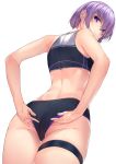  1girl arms_behind_back ass back black_buruma buruma closed_mouth commentary commentary_typo cowboy_shot crop_top eyebrows_visible_through_hair fate/grand_order fate_(series) from_behind from_below hair_between_eyes lips looking_at_viewer maki_tatsuki mash_kyrielight purple_hair short_hair simple_background sleeveless solo sweat sweatdrop thigh_strap thighs track_uniform violet_eyes white_background 