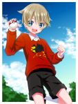  1boy bangs blue_eyes blue_sky blush clouds hair_between_eyes highres looking_at_viewer male_focus open_mouth outdoors poke_ball poke_ball_(basic) pokemon pokemon_(game) pokemon_swsh print_sweater rionoil shorts sky smile solo sweater youngster_(pokemon) 