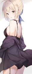  1girl ahoge artoria_pendragon_(all) ass bangs bare_shoulders black_hoodie blonde_hair blue_ribbon braid eyebrows_visible_through_hair fate/grand_order fate_(series) garter_straps hair_between_eyes hair_ribbon highres looking_at_viewer looking_back parted_lips ribbon saber_alter sai_(saipoko) solo underwear yellow_eyes 