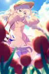  1girl bangs blue_eyes blue_sky blush braid breasts cis05 dress fate/grand_order fate_(series) field flower flower_field hat long_hair long_sleeves looking_at_viewer marie_antoinette_(fate/grand_order) medium_breasts open_mouth pink_dress silver_hair sky smile twin_braids under_the_same_sky very_long_hair 