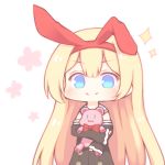  &gt;:) 1girl bangs black_dress black_sleeves blonde_hair blue_eyes blush bow bowtie chibi closed_mouth commentary detached_sleeves dress eyebrows_visible_through_hair hair_between_eyes hair_ribbon long_hair long_sleeves mahjong_soul mikami_chiori object_hug red_neckwear red_ribbon ribbon sakurato_ototo_shizuku simple_background sleeveless sleeveless_dress sleeves_past_wrists smile solo sparkle standing stuffed_animal stuffed_toy teddy_bear upper_body v-shaped_eyebrows very_long_hair white_background 